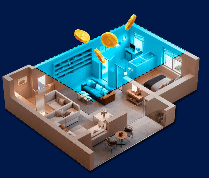 Imagem de planta imobiliária com moedas